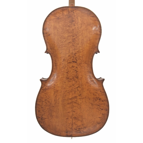 2473 - Interesting English violoncello circa 1830, unlabelled, with two piece birds eye maple back and simi... 