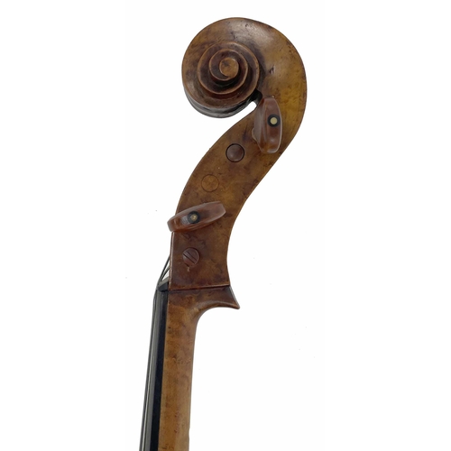 2473 - Interesting English violoncello circa 1830, unlabelled, with two piece birds eye maple back and simi... 