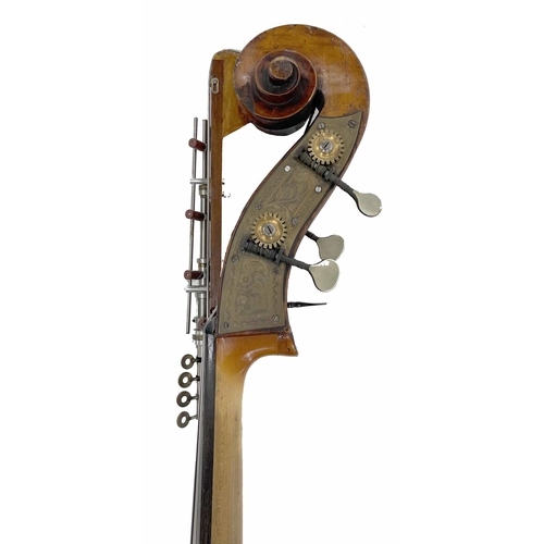 2476 - Good German double bass circa 1900, with Fawcett low C and brass foliate engraved machine heads, len... 