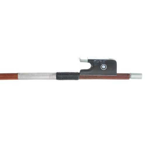 2217 - French silver mounted violin bow stamped M. Lapierre, the stick octagonal, the ebony frog inlaid wit... 