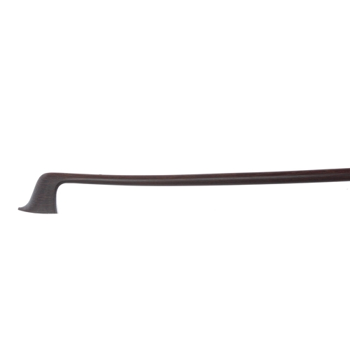 2222 - Silver mounted violin bow stamped P. Hel á Lille, the stick round, the ebony frog inlaid with... 