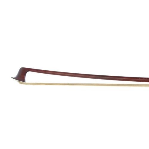 2231 - Silver and tortoiseshell mounted violin bow, unstamped, the stick round, the tortoiseshell frog inla... 