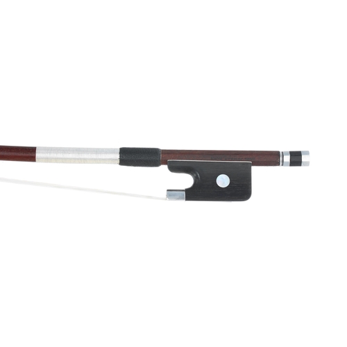 2239 - Silver mounted violoncello bow stamped Paul Jombar.Paris, the stick round, the ebony frog inlaid wit... 