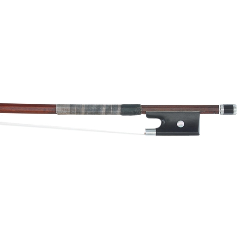 2240 - Silver mounted violin bow in the style of Vuillaume, unstamped, the stick round, the ebony frog inla... 