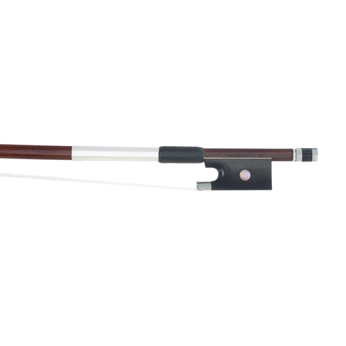 2241 - Nickel mounted violin bow stamped Gand & Bernardel Fres, the stick round, the ebony frog inlaid ... 