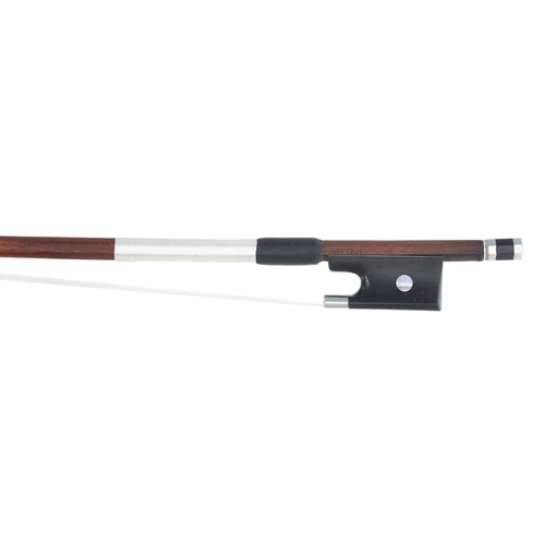 2242 - Nickel mounted violin bow stamped Maline, the stick round, the ebony frog inlaid with pearl eyes and... 