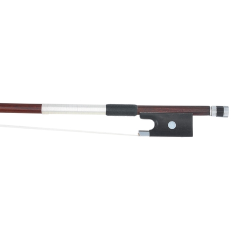 2243 - Silver mounted violin bow stamped Louis Bazin, the stick round, the ebony frog inlaid with pearl eye... 