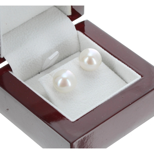 113 - Pair of modern 18ct cultured pearl stud earrings, 12mm, 4.6gm; with box