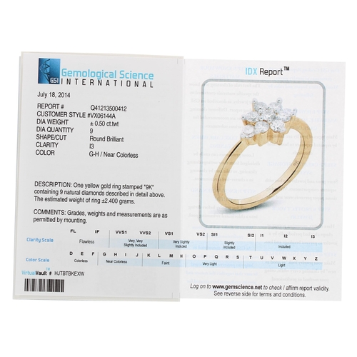 147 - Modern 9ct yellow gold diamond cluster ring, 0.50ct approx, width 9mm, 2.4gm, ring size O/P-** with ... 