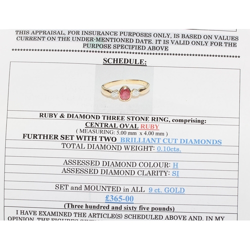 151 - 9ct ruby and diamond three stone ring, 1.9gm, 6mm, ring size P-** with a copy of valuation for insur... 