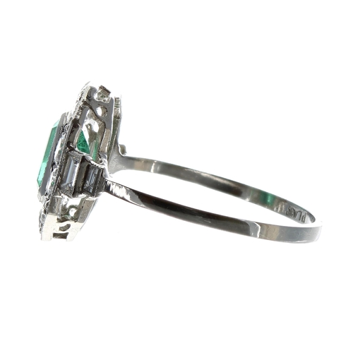 170 - Attractive platinum emerald and diamond octagonal cluster ring in the Art Deco manner, the emerald 0... 