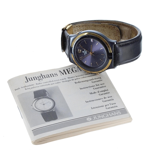 77 - Junghans Mega radio-controlled gentleman's wristwatch, black dial, black leather strap with signed c... 