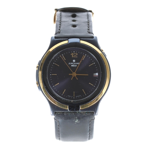 77 - Junghans Mega radio-controlled gentleman's wristwatch, black dial, black leather strap with signed c... 