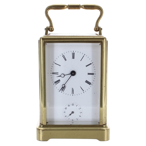 575 - Small carriage clock timepiece with alarm sounding on a bell, within a one-piece style brass case, 5... 