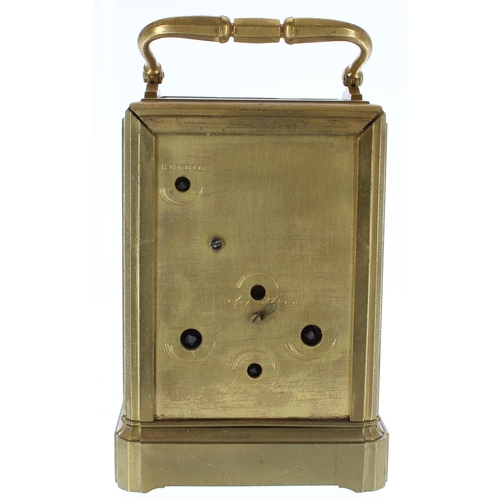 577 - Garnier style small carriage clock with alarm striking on a bell (missing), the movement back plate ... 