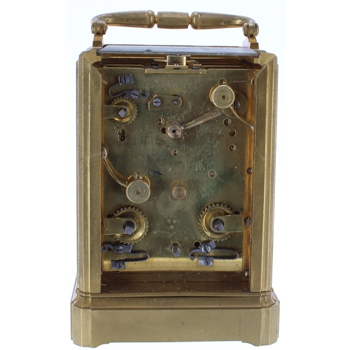 577 - Garnier style small carriage clock with alarm striking on a bell (missing), the movement back plate ... 