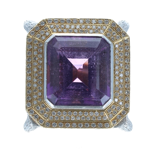 475 - Theo Fennell 18ct white and yellow gold amethyst and pavé diamond ring, amethyst 33.57ct, diamond 2.... 