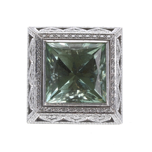 485 - Theo Fennel 18ct white gold green beryl and diamond set trellis ring, 30mm square, 50.5gm, signed, r... 