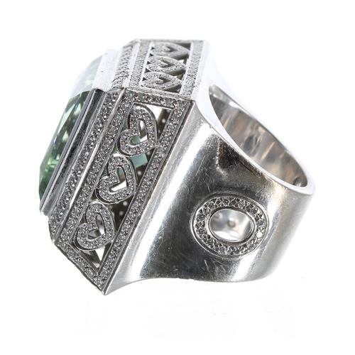 485 - Theo Fennel 18ct white gold green beryl and diamond set trellis ring, 30mm square, 50.5gm, signed, r... 