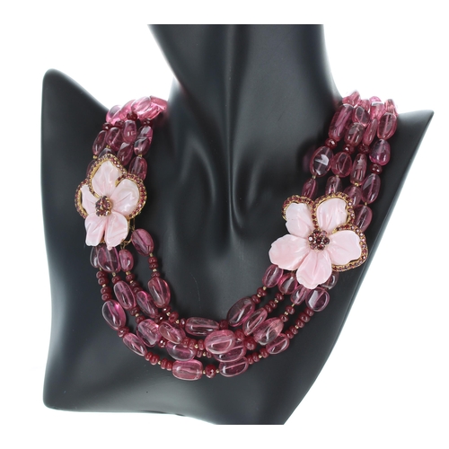 486 - Sabbadini Milano 18ct mounted pale and dark pink beaded and stone link necklace with two large pink ... 