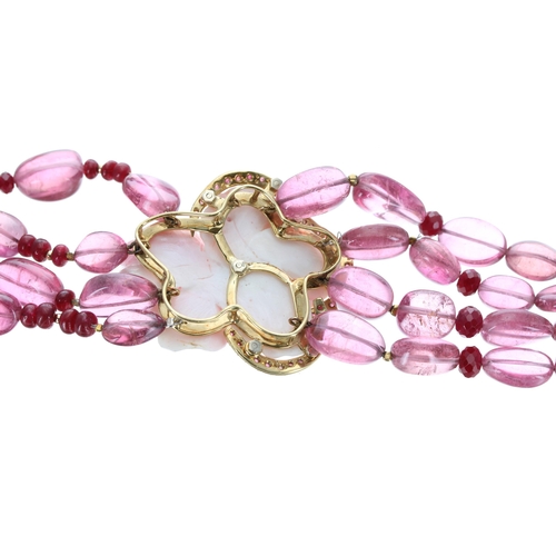 486 - Sabbadini Milano 18ct mounted pale and dark pink beaded and stone link necklace with two large pink ... 