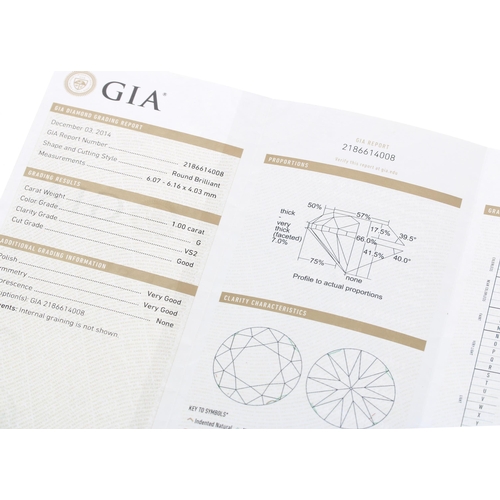 487 - GIA certified platinum diamond ring, 1.00ct, clarity VS2, colour G, 6mm, 4.2gm, ring size K-** GIA R... 