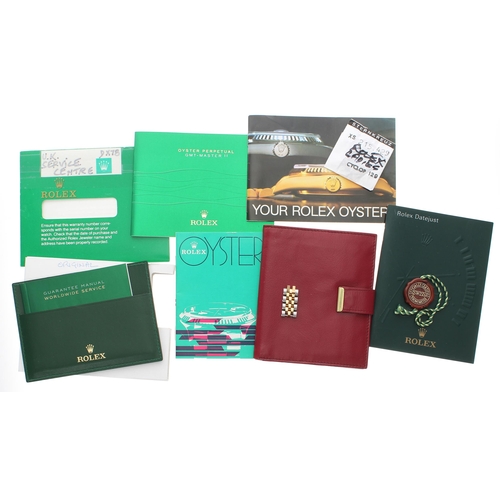 81 - Group of Rolex booklets, wallet, glass and three steel and gold jubilee bracelet links... 