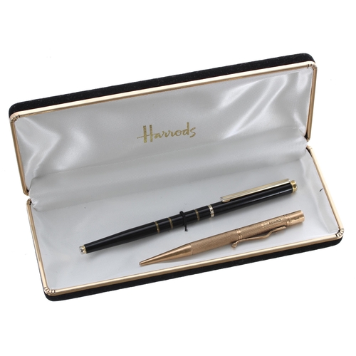 591 - Baker's Perm-Point 9ct engine turned pencil, Birmingham 1957, 18.8gm; with a boxed Harrods pen ... 