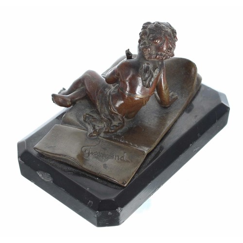 600 - Ernest Justin Ferrand, French (1846-1932) - small bronze figure of an imp/pixie, modelled seated upo... 