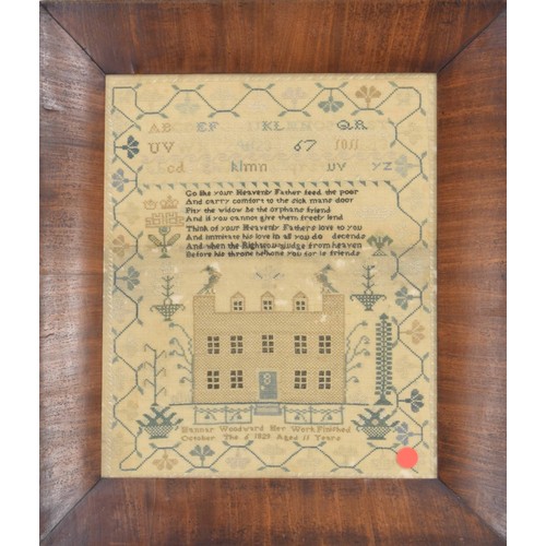 624 - George IV embroidered sampler, worked with the alphabet, prayer verse and the image of a house front... 