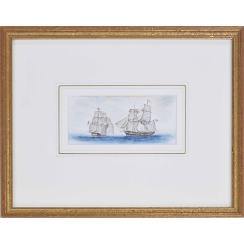 758 - English School 19th century - two large sailing vessels in an open sea, pencil and watercolour, 2