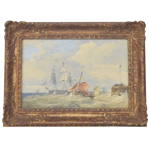 734 - English School (19th century) - coastal scene with figures and other vessels off a harbour, pencil a... 