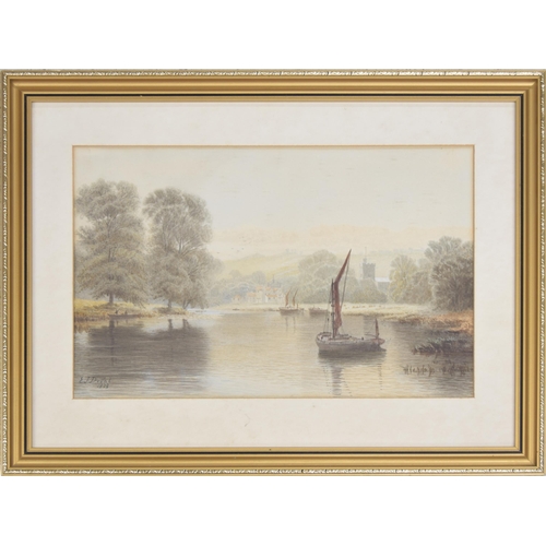 749 - E* J* Duval (19th century) - river landscape with fishing boats, possibly a scene on the Thames with... 