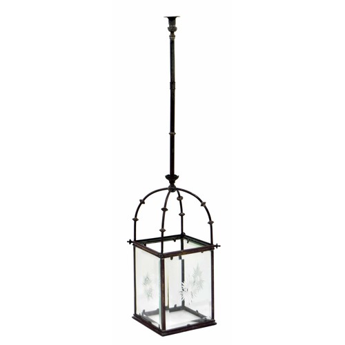 588 - Good Victorian hall lantern with gas pipe fitting, with sunburst decorated bevelled glass panels, 8.... 