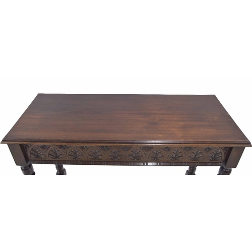 887 - Antique carved oak serving or hall side table, with a moulded mahogany top over carved oak frieze ra... 