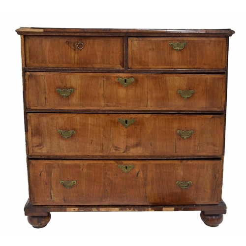 888 - Provincial 18th century walnut veneered chest of drawers, the cross banded moulded top over two shor... 