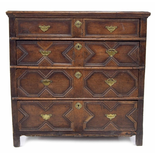 855 - 17th/18th century oak split moulded chest of drawers, the moulded top over four long graduated geome... 