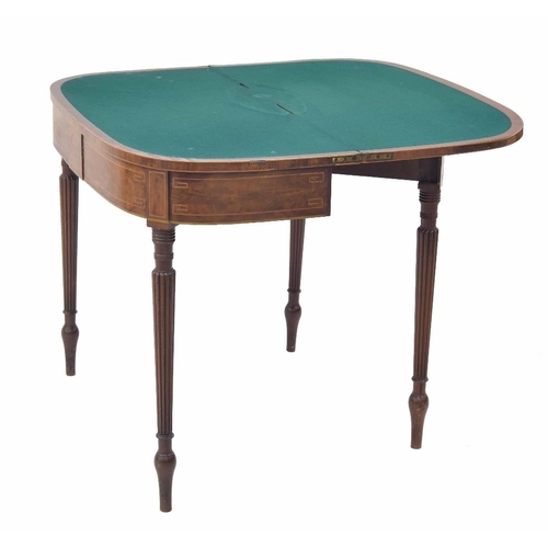 934 - 19th century mahogany fold-over games table, the cross banded folding top opening to reveal a green ... 