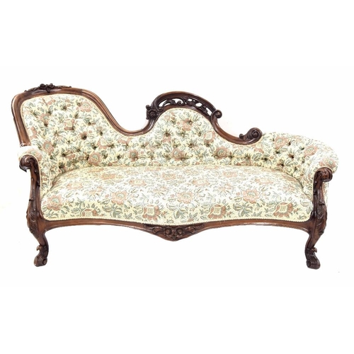 902 - Victorian button-back upholstered chaise longue, with carved foliate frame over button back upholste... 