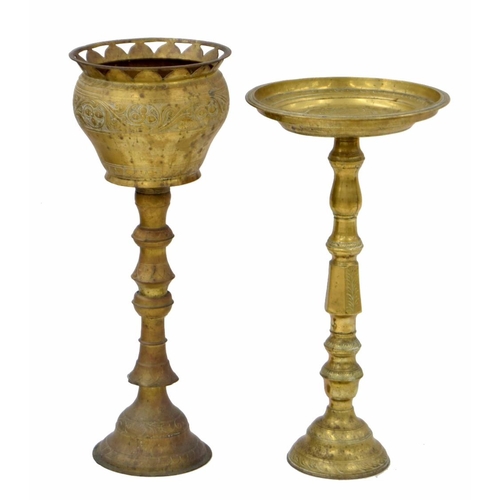 890 - Decorative engraved brass jardinière stand, raised on central circular support, 9