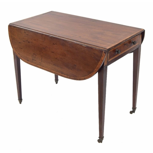 869 - Small 19th century mahogany Pembroke table, crossbanded drop flap over two short drawers raised on t... 