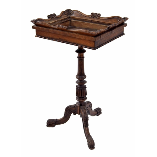 878 - Victorian rosewood jardinière stand, the rectangular top with recess carved borders raised on a turn... 