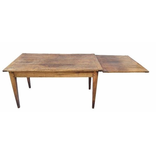 892 - French fruitwood drawer leaf kitchen/refectory table, the plank top with single slim frieze drawer r... 