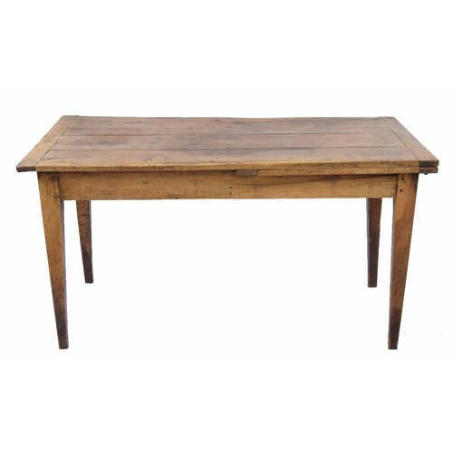 892 - French fruitwood drawer leaf kitchen/refectory table, the plank top with single slim frieze drawer r... 