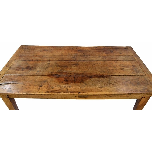 892 - French fruitwood drawer leaf kitchen/refectory table, the plank top with single slim frieze drawer r... 