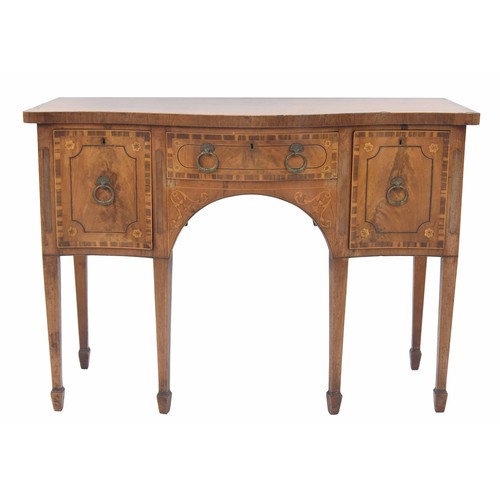 863 - Georgian mahogany serpentine sideboard, the crossbanded top over frieze drawer flanked by two deep d... 