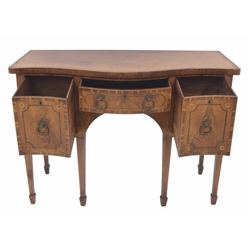 863 - Georgian mahogany serpentine sideboard, the crossbanded top over frieze drawer flanked by two deep d... 