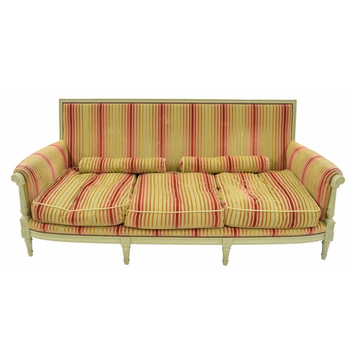 943 - Decorative French painted settee, the moulded frame with studded striped velvet upholstery, the carv... 