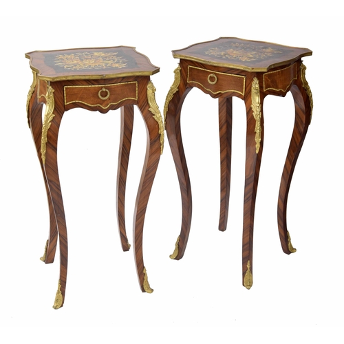 946 - Pair of Louis XV style kingwood side tables, the quarter veneer tops with painted floral panels over... 