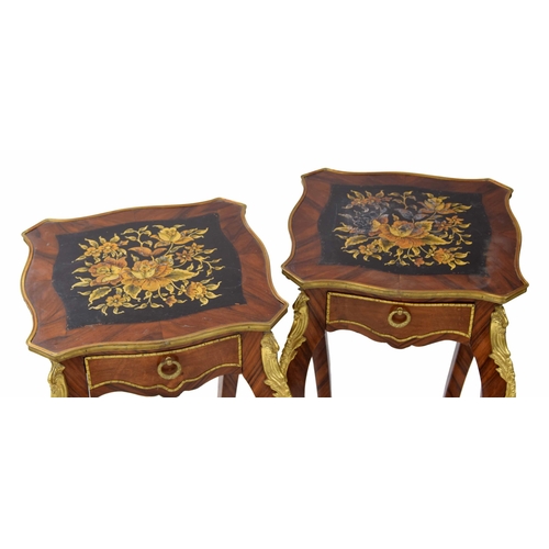 946 - Pair of Louis XV style kingwood side tables, the quarter veneer tops with painted floral panels over... 